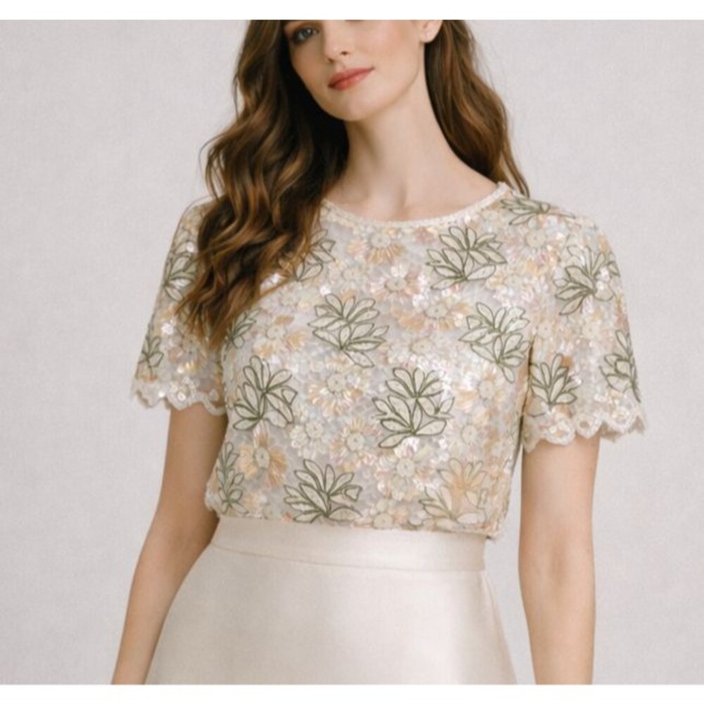 Vintage Floral Sequin Beaded Top Women L Ivory Iridescent Cottage Glam Fairy